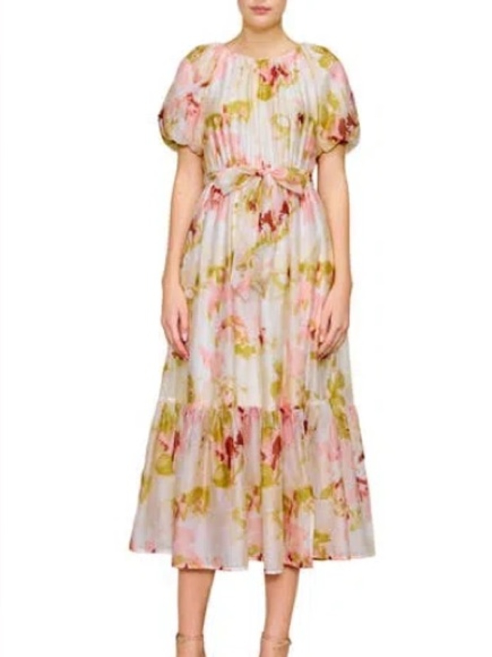 MELLODAY Floral Puff-Sleeve Midi Dress in Pink and Green
